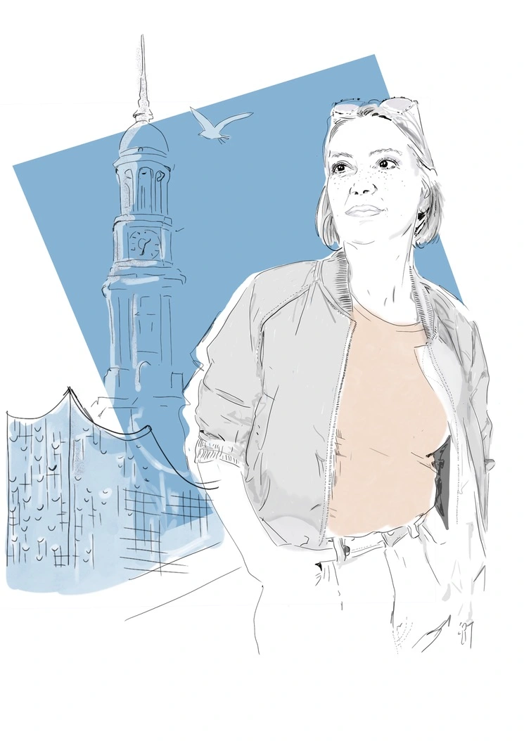 Portrait-Illustration einer Person vor Hamburg-Skyline mit Michel und Hafenpanorama