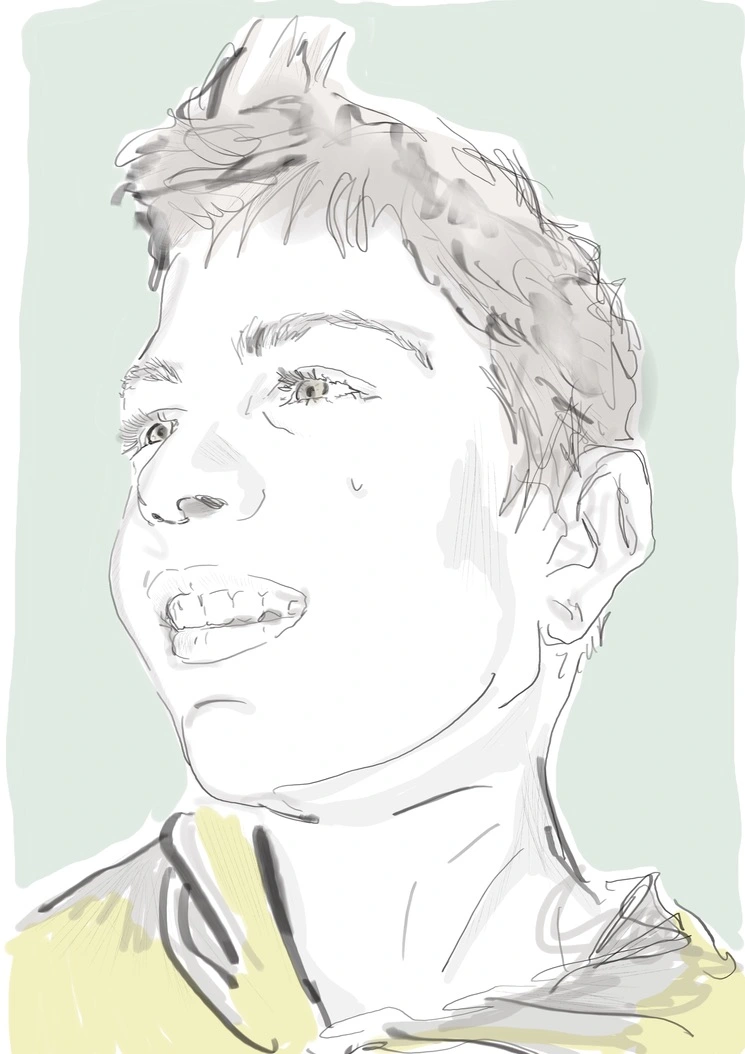 Portrait-Illustration einer Person mit lockigem Haar und warmer Farbpalette